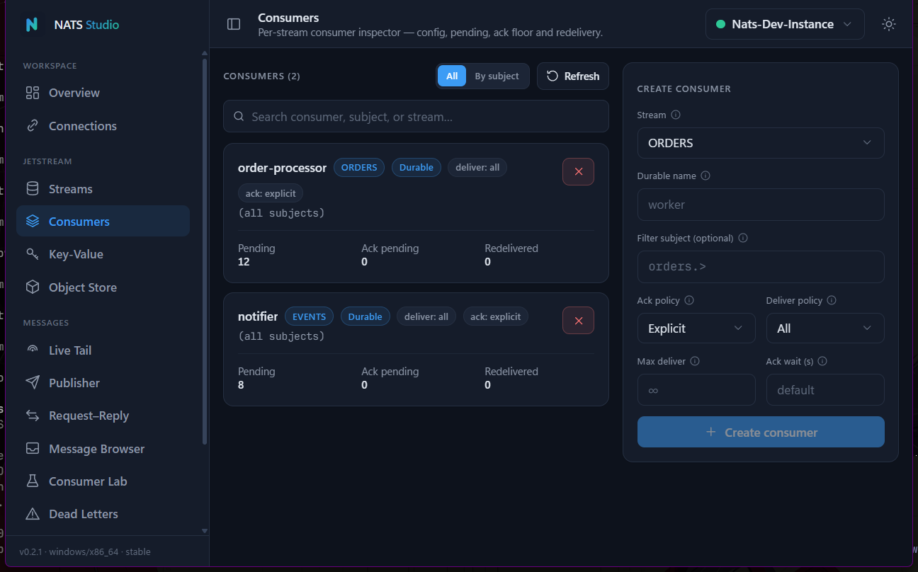 NATS Studio — JetStream consumers, created and monitored visually