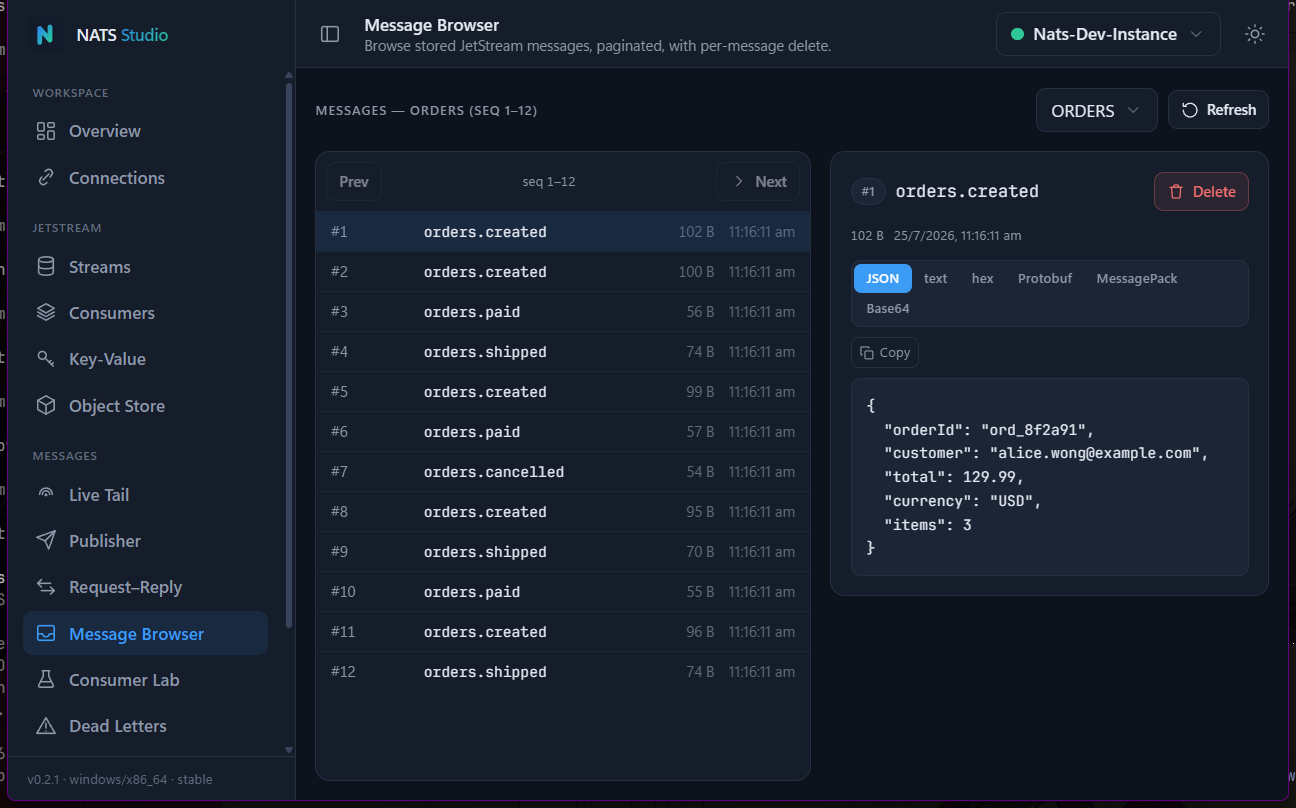 NATS Studio — live message tail with a multi-format payload viewer