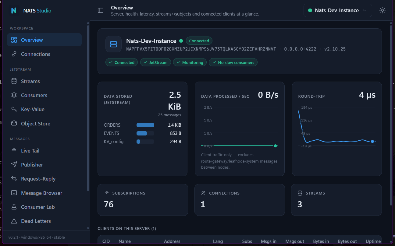 NATS Studio — Overview dashboard with server health, live throughput and round-trip charts