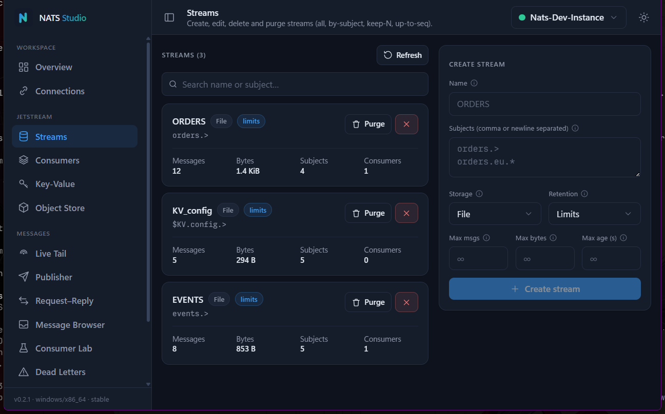 NATS Studio — JetStream streams, browsable and manageable without the CLI